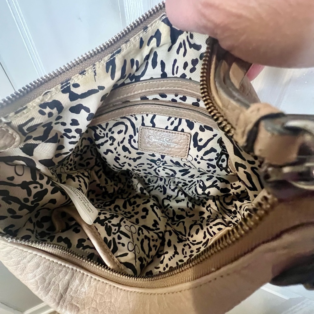 GUC Jessica Simpson tan shoulder/crossbody, animal print interior - Picture 6 of 8